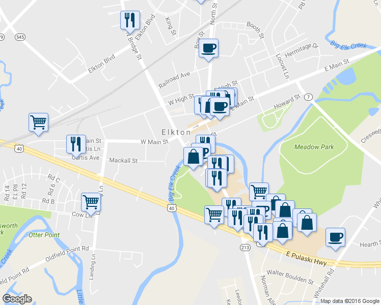 map of restaurants, bars, coffee shops, grocery stores, and more near 103 S Bridge St in Elkton