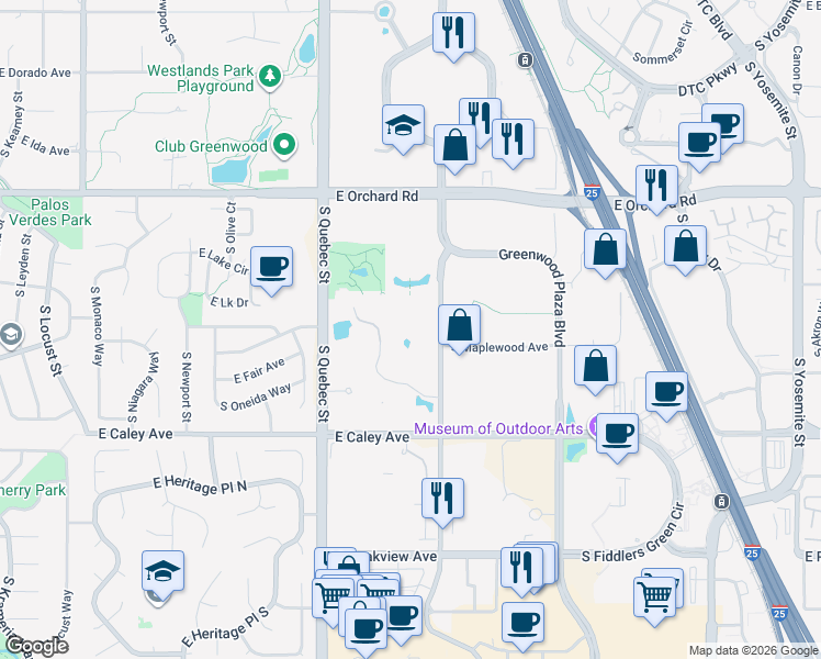 map of restaurants, bars, coffee shops, grocery stores, and more near 6021 South Syracuse Way in Greenwood Village