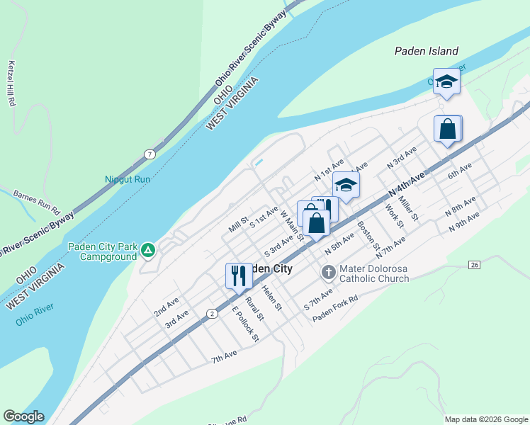 map of restaurants, bars, coffee shops, grocery stores, and more near 401 Mill St in Paden City