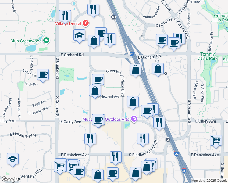 map of restaurants, bars, coffee shops, grocery stores, and more near 8051 East Maplewood Avenue in Greenwood Village