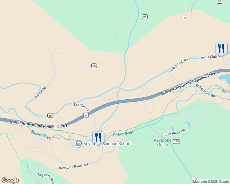 map of restaurants, bars, coffee shops, grocery stores, and more near 71 Antlers Gulch Road in Keystone
