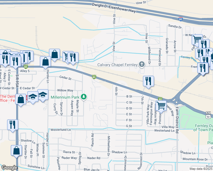 map of restaurants, bars, coffee shops, grocery stores, and more near 675 East Main Street in Fernley