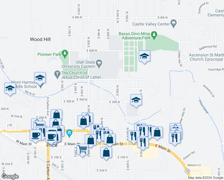 map of restaurants, bars, coffee shops, grocery stores, and more near 485 College Avenue in Price