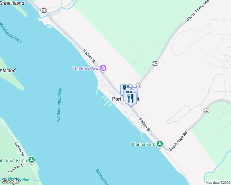 map of restaurants, bars, coffee shops, grocery stores, and more near 39 North Main Street in Port Deposit