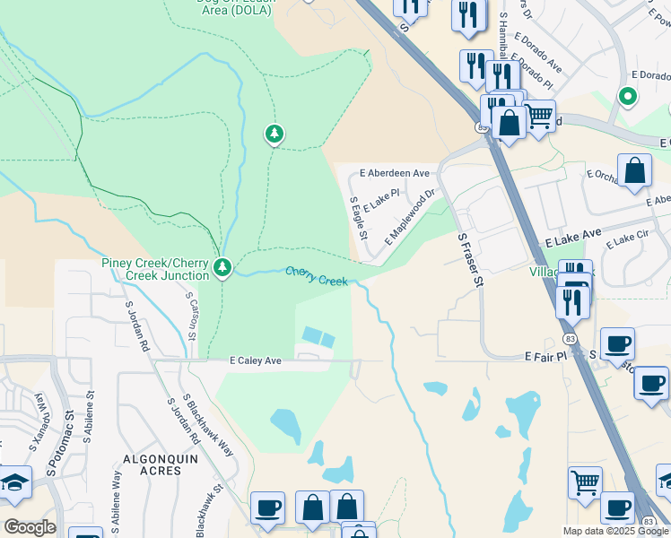 map of restaurants, bars, coffee shops, grocery stores, and more near 5800 South Joplin Way in Centennial