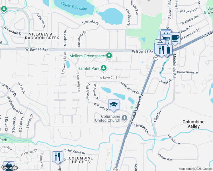 map of restaurants, bars, coffee shops, grocery stores, and more near 4538 West Pondview Drive in Littleton
