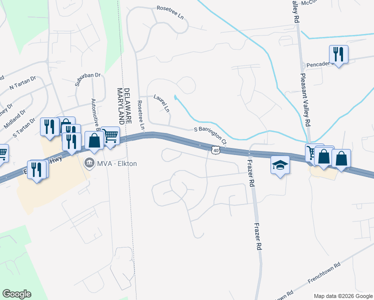map of restaurants, bars, coffee shops, grocery stores, and more near 44 Versailles Court in Newark