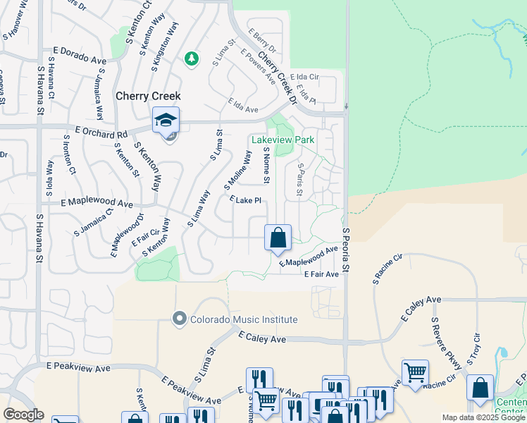 map of restaurants, bars, coffee shops, grocery stores, and more near 11674 East Lake Place in Englewood
