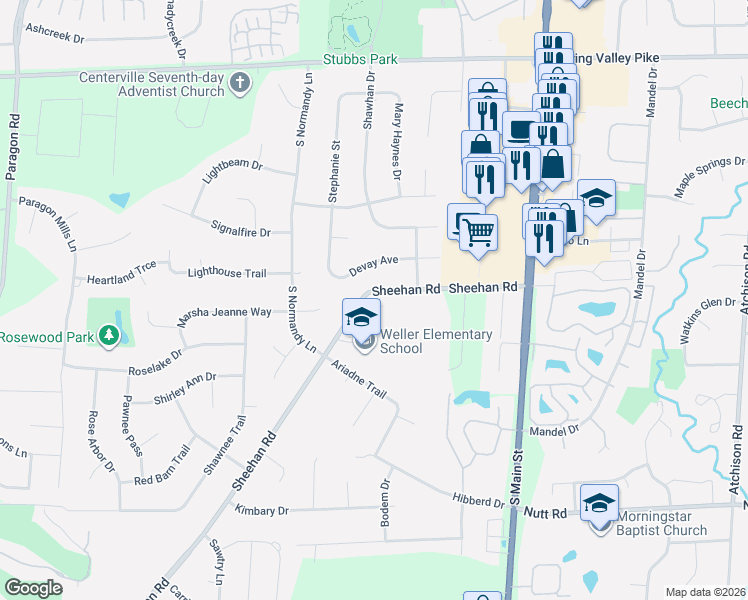 map of restaurants, bars, coffee shops, grocery stores, and more near 9500 Sheehan Road in Montgomery County