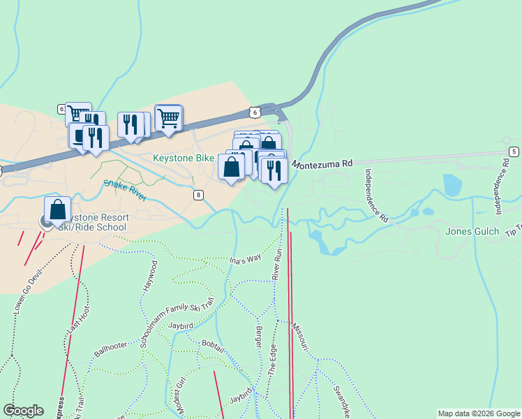 map of restaurants, bars, coffee shops, grocery stores, and more near 91 Alcove Ct in Keystone
