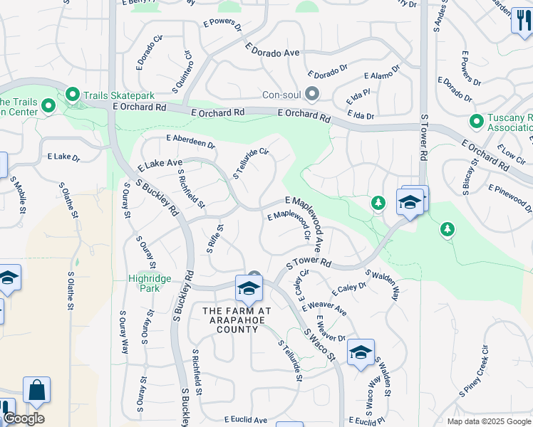 map of restaurants, bars, coffee shops, grocery stores, and more near 6074 South Telluride Circle in Aurora