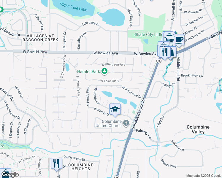 map of restaurants, bars, coffee shops, grocery stores, and more near 4438 West Lake Circle South in Littleton