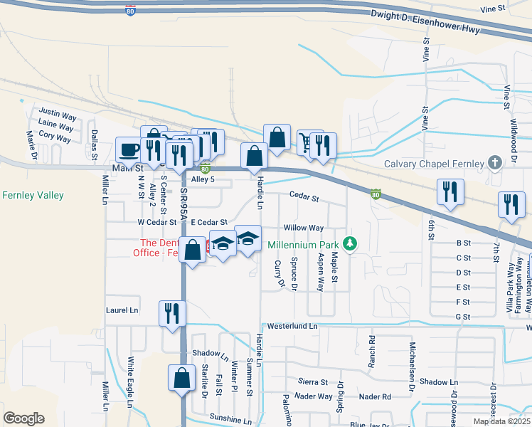 map of restaurants, bars, coffee shops, grocery stores, and more near 130 Curry Drive in Fernley