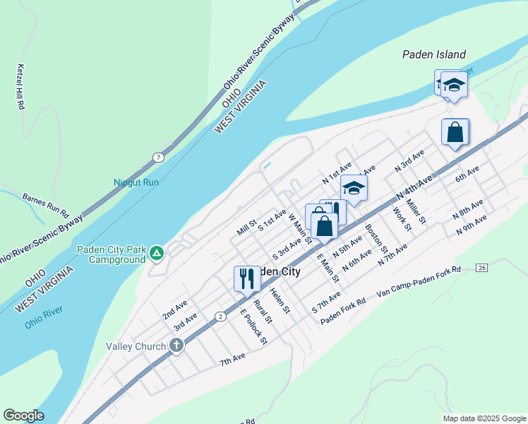 map of restaurants, bars, coffee shops, grocery stores, and more near 401 Mill St in Paden City