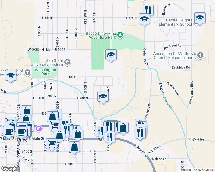 map of restaurants, bars, coffee shops, grocery stores, and more near 398 700 East in Price