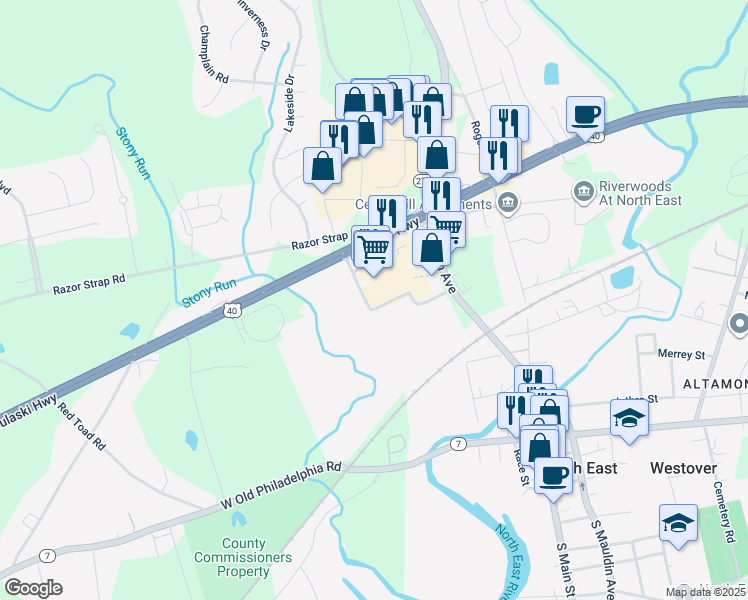 map of restaurants, bars, coffee shops, grocery stores, and more near 2500 Pulaski Highway in North East