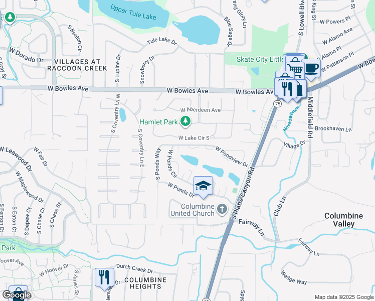 map of restaurants, bars, coffee shops, grocery stores, and more near 4438 West Lake Circle South in Littleton