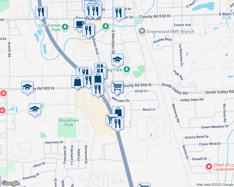 map of restaurants, bars, coffee shops, grocery stores, and more near 707 South Madison Avenue in Greenwood