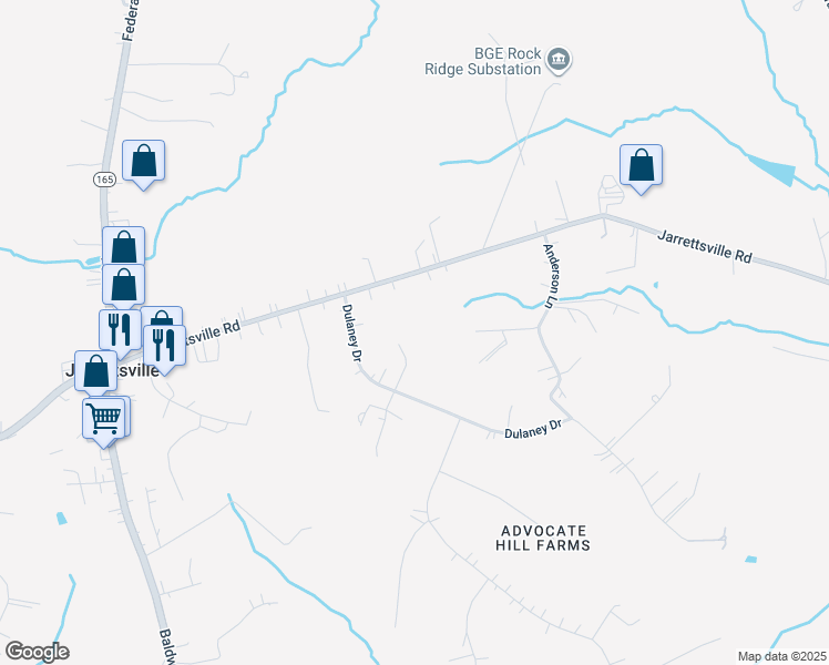 map of restaurants, bars, coffee shops, grocery stores, and more near 1665 Dulaney Drive in Jarrettsville