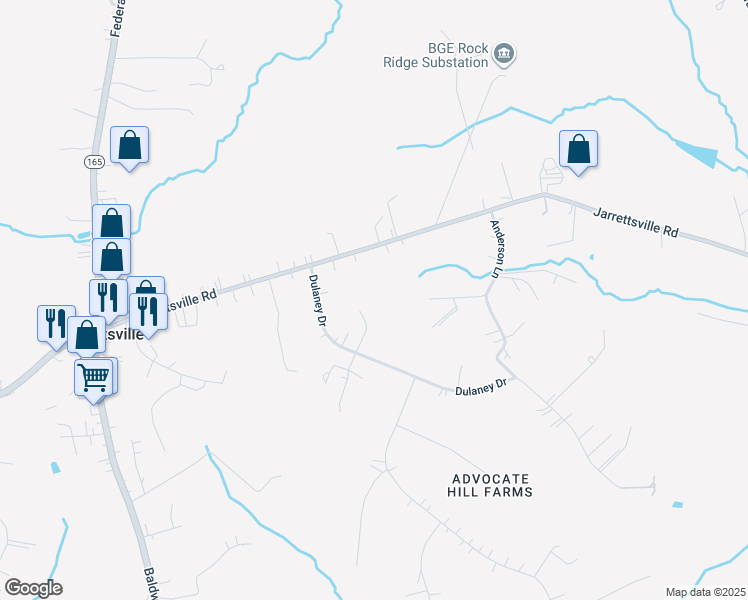 map of restaurants, bars, coffee shops, grocery stores, and more near 1665 Dulaney Drive in Jarrettsville
