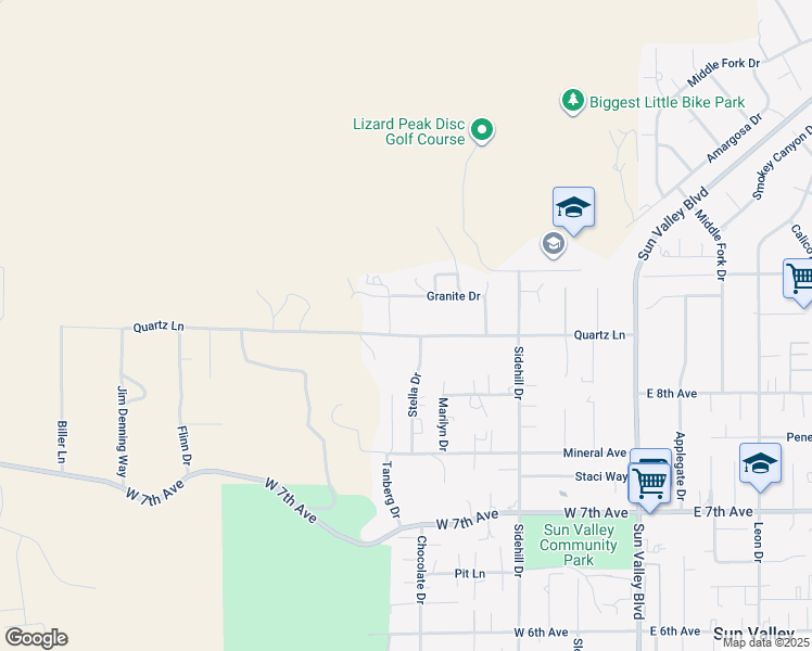 map of restaurants, bars, coffee shops, grocery stores, and more near 305 Quartz Lane in Sun Valley