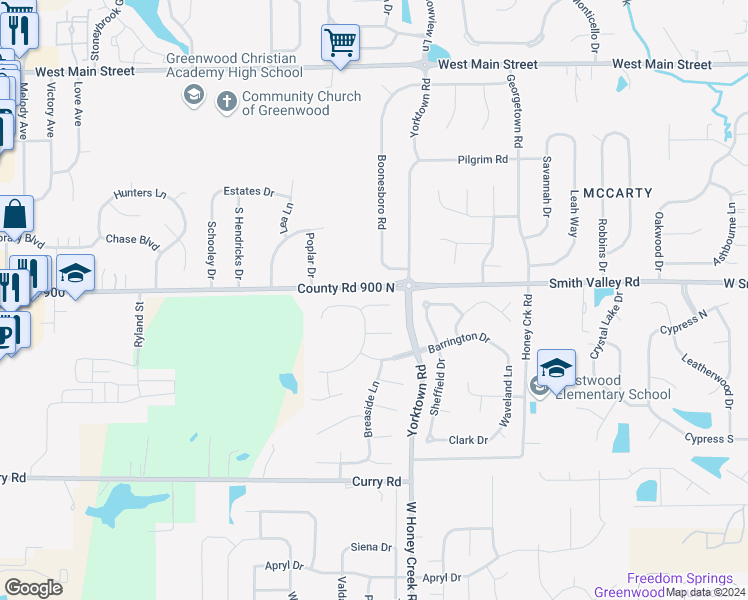 map of restaurants, bars, coffee shops, grocery stores, and more near 1226 Burr Oak Court in Greenwood