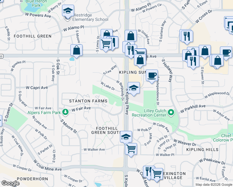 map of restaurants, bars, coffee shops, grocery stores, and more near 10043 West Lake Drive in Littleton