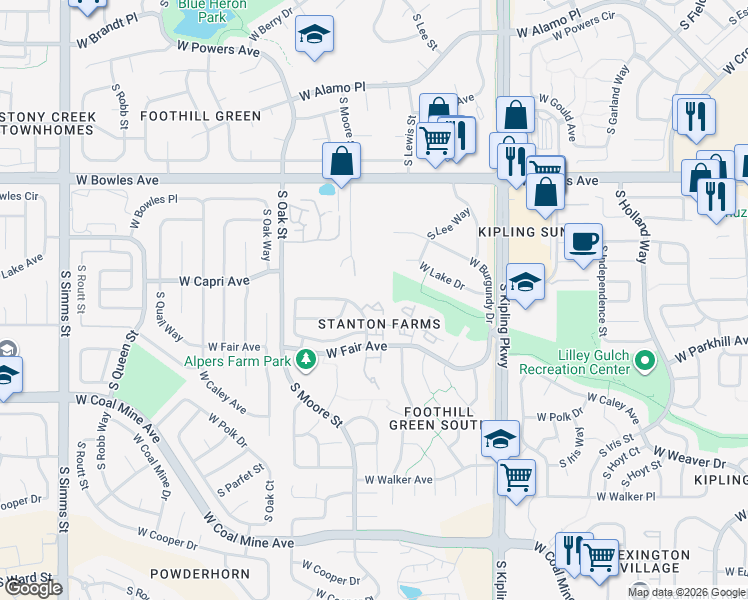 map of restaurants, bars, coffee shops, grocery stores, and more near 10557 West Maplewood Drive in Littleton