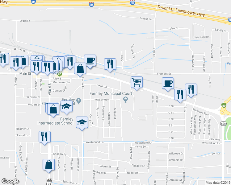 map of restaurants, bars, coffee shops, grocery stores, and more near 465 East Main Street in Fernley