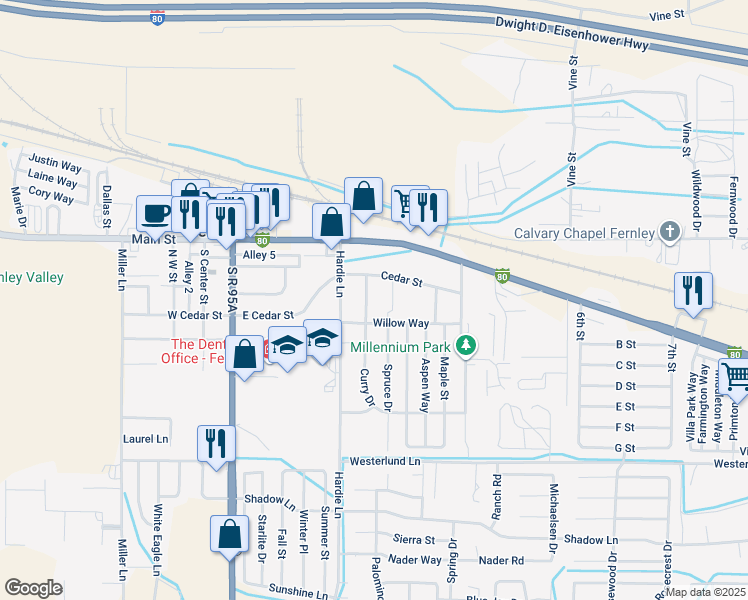 map of restaurants, bars, coffee shops, grocery stores, and more near 130 Curry Drive in Fernley