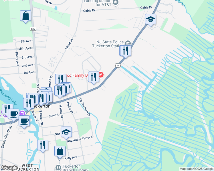 map of restaurants, bars, coffee shops, grocery stores, and more near 334 East Main Street in Tuckerton