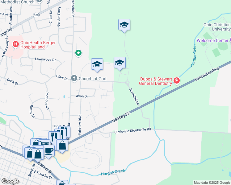 map of restaurants, bars, coffee shops, grocery stores, and more near 391 Clark Drive in Circleville