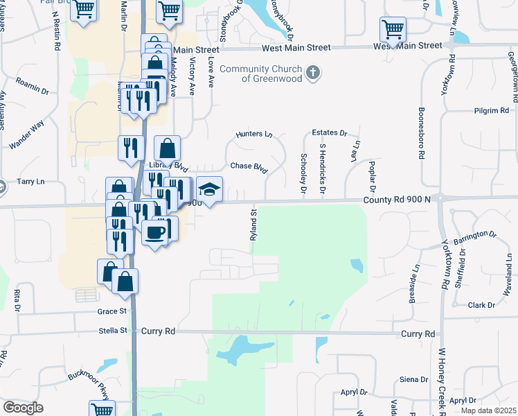 map of restaurants, bars, coffee shops, grocery stores, and more near 1497 Smith Valley Road in Greenwood