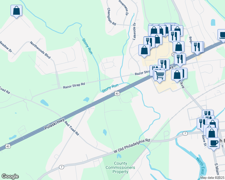 map of restaurants, bars, coffee shops, grocery stores, and more near 2537 Pulaski Highway in North East