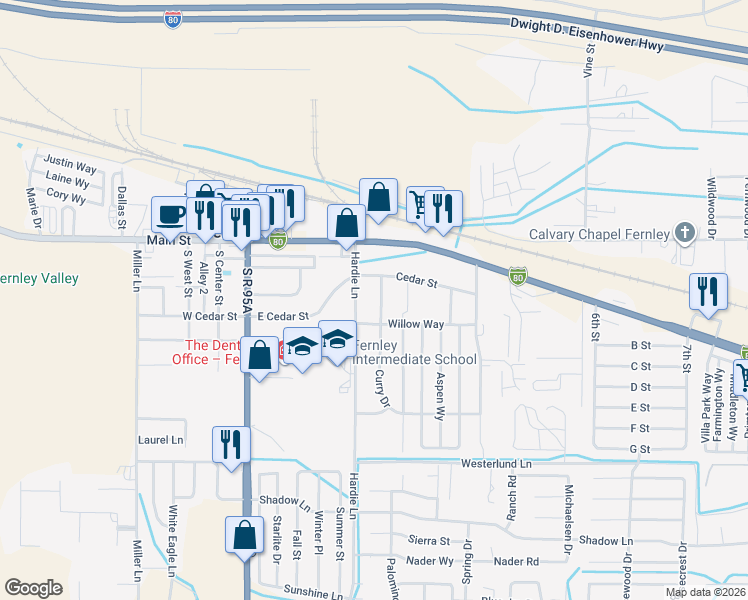 map of restaurants, bars, coffee shops, grocery stores, and more near 140 Curry Drive in Fernley