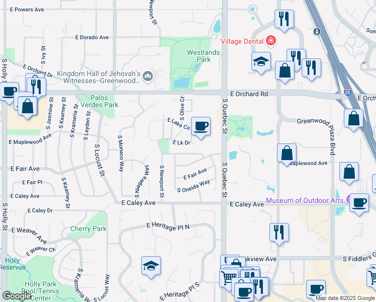 map of restaurants, bars, coffee shops, grocery stores, and more near 7033 East Maplewood Avenue in Centennial