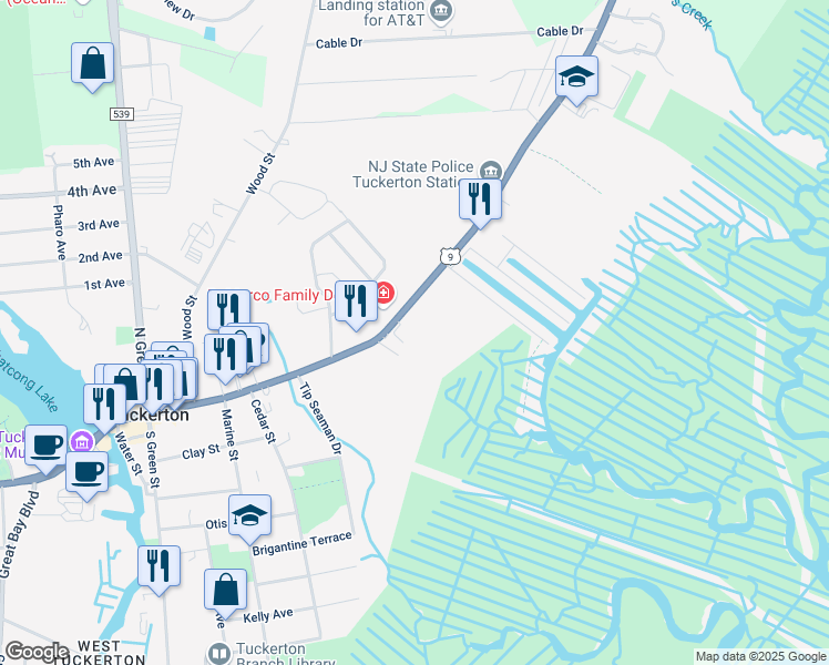 map of restaurants, bars, coffee shops, grocery stores, and more near 334 East Main Street in Tuckerton