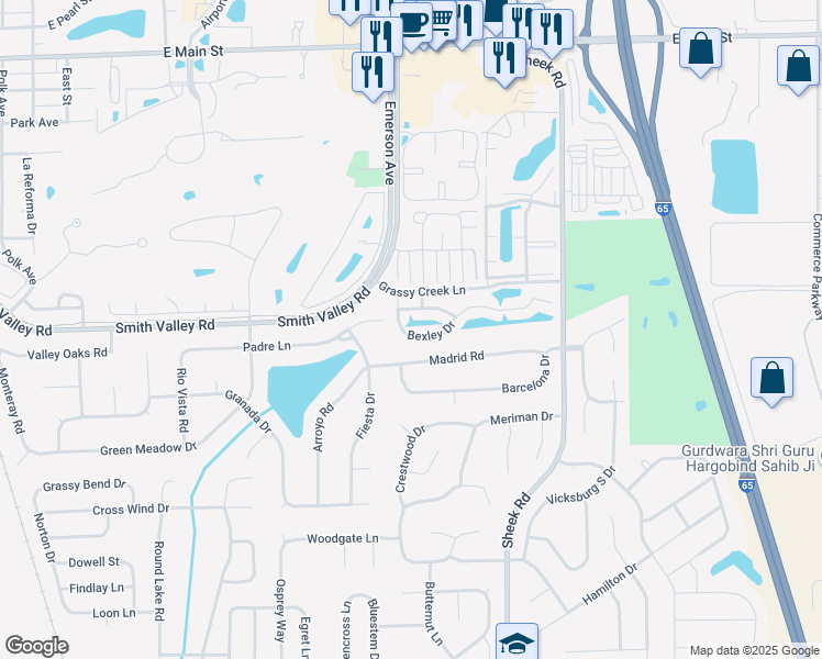 map of restaurants, bars, coffee shops, grocery stores, and more near 1024 Bexley Drive in Greenwood