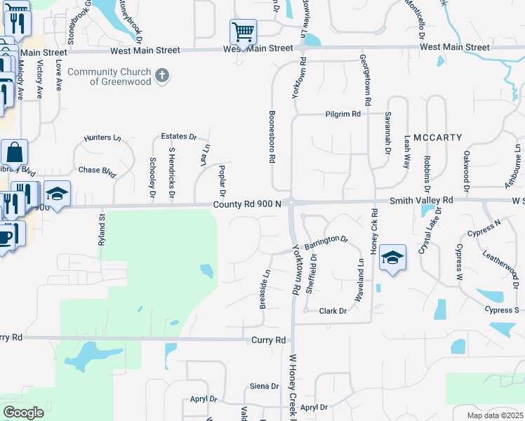 map of restaurants, bars, coffee shops, grocery stores, and more near 1232 Burr Oak Court in Greenwood