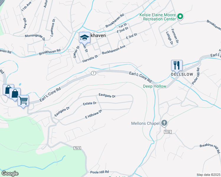 map of restaurants, bars, coffee shops, grocery stores, and more near 31 Eastern Trail Drive in Morgantown