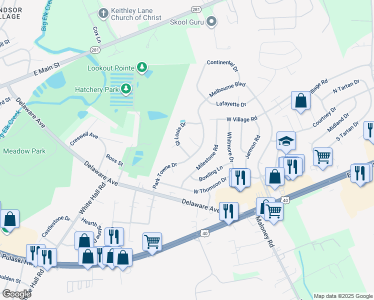 map of restaurants, bars, coffee shops, grocery stores, and more near 102 Saint Louis Drive in Elkton