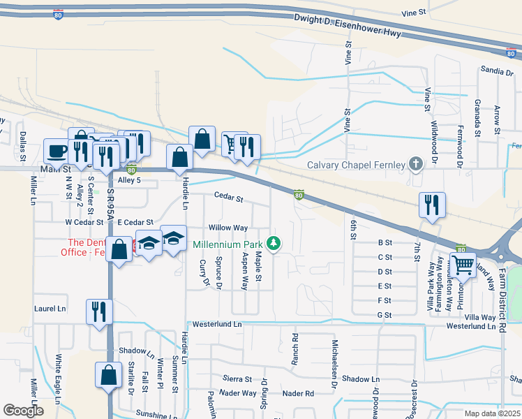 map of restaurants, bars, coffee shops, grocery stores, and more near 475 Cedar Street in Fernley