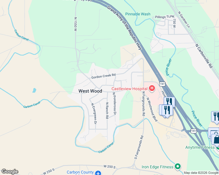 map of restaurants, bars, coffee shops, grocery stores, and more near 1259 West Raintree Drive in Price