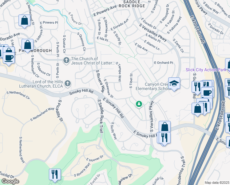 map of restaurants, bars, coffee shops, grocery stores, and more near 6102 South Shawnee Street in Centennial