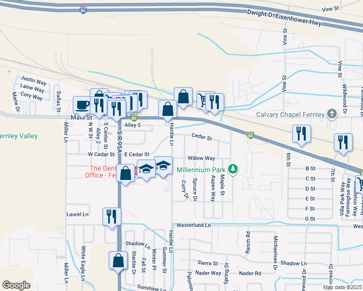 map of restaurants, bars, coffee shops, grocery stores, and more near 130 Curry Drive in Fernley