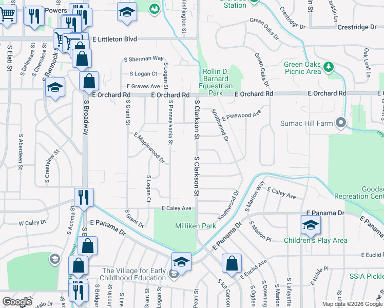 map of restaurants, bars, coffee shops, grocery stores, and more near 6201 South Clarkson Street in Centennial