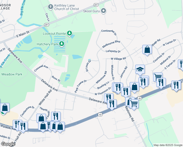 map of restaurants, bars, coffee shops, grocery stores, and more near 102 Saint Louis Drive in Elkton