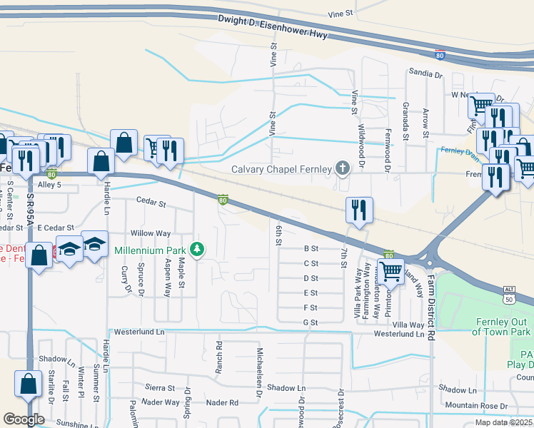 map of restaurants, bars, coffee shops, grocery stores, and more near 675 East Main Street in Fernley