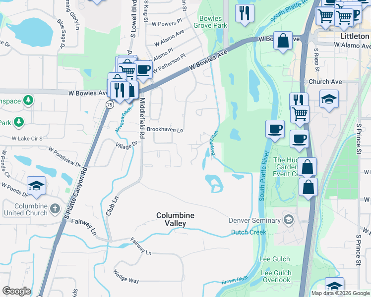 map of restaurants, bars, coffee shops, grocery stores, and more near 6094 South Julian Way in Littleton