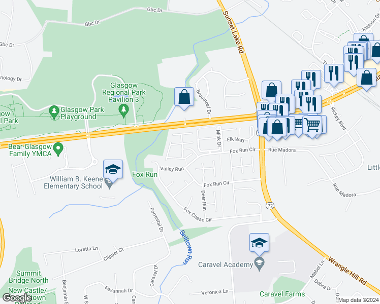 map of restaurants, bars, coffee shops, grocery stores, and more near 401 South Antlers Place in Bear